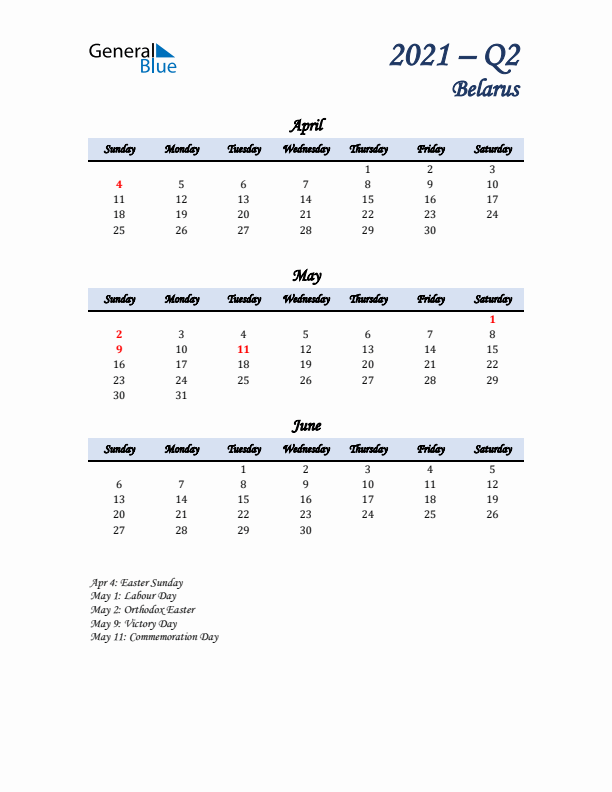 April, May, and June Calendar for Belarus with Sunday Start