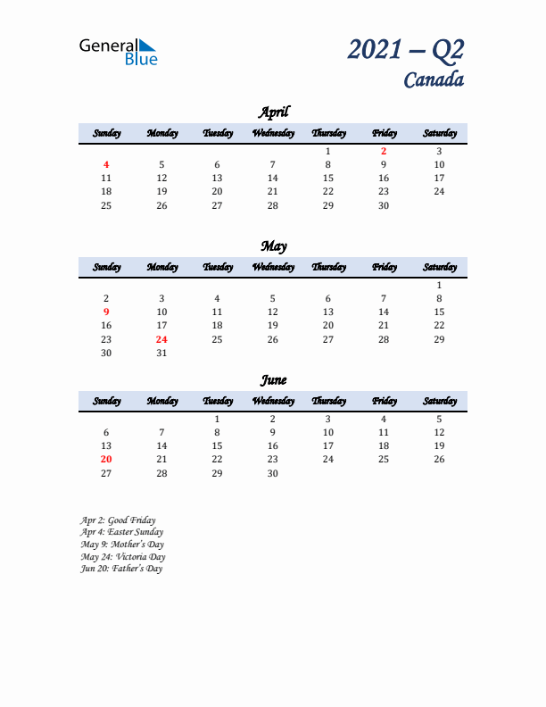 April, May, and June Calendar for Canada with Sunday Start