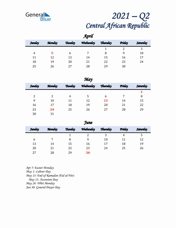 April, May, and June Calendar for Central African Republic with Sunday Start