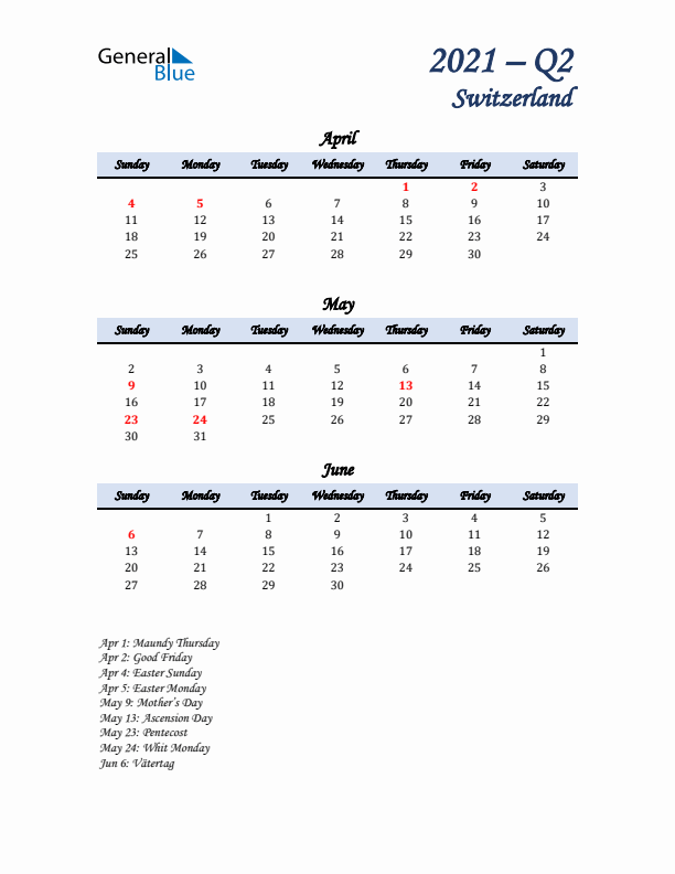 April, May, and June Calendar for Switzerland with Sunday Start