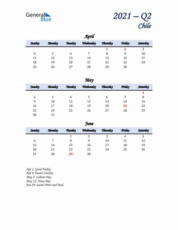 April, May, and June Calendar for Chile with Sunday Start