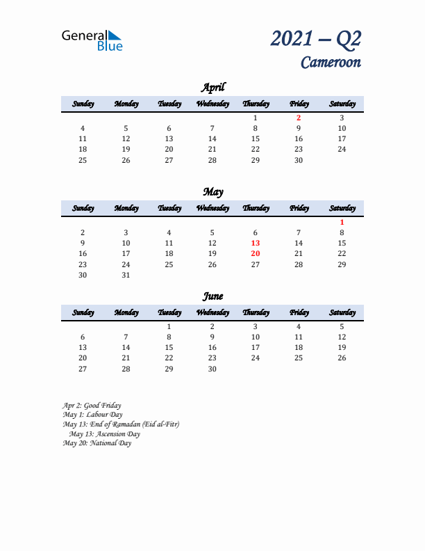 April, May, and June Calendar for Cameroon with Sunday Start