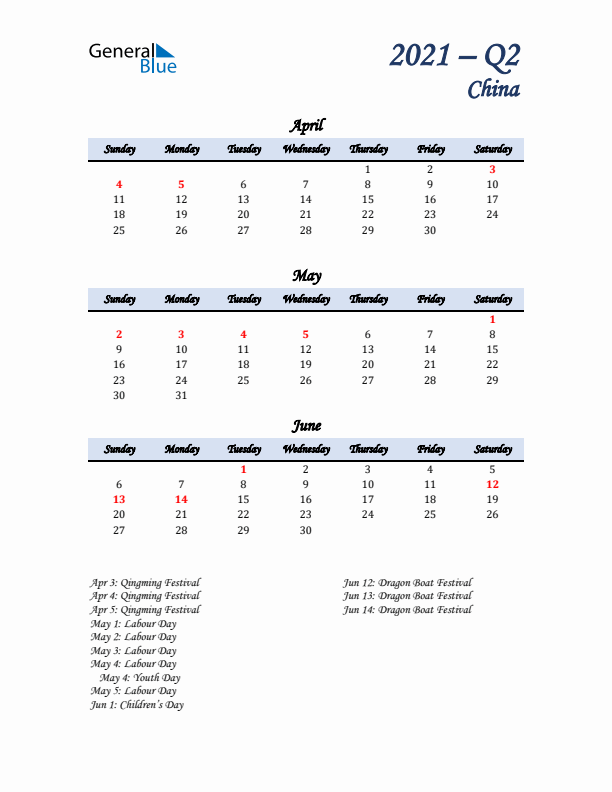 April, May, and June Calendar for China with Sunday Start