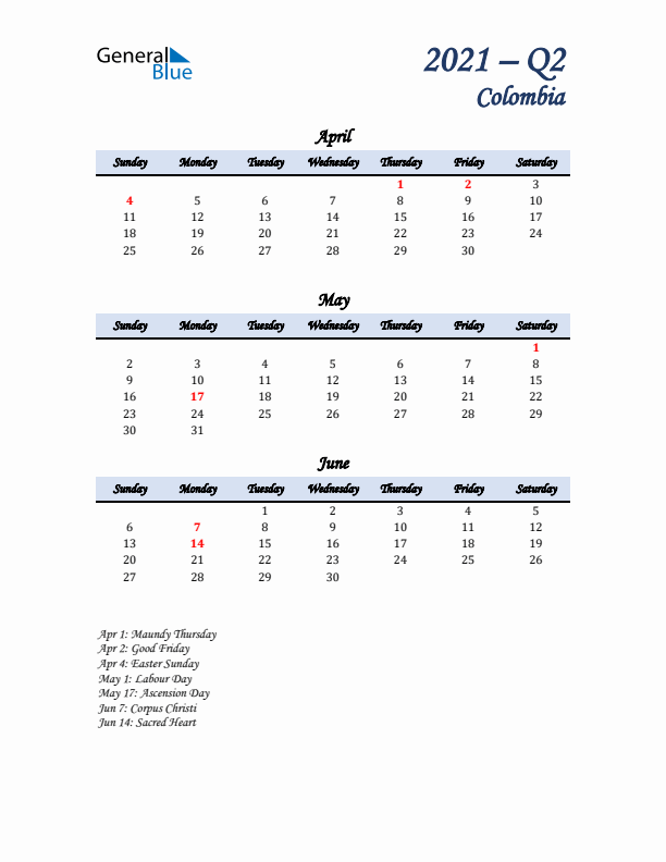 April, May, and June Calendar for Colombia with Sunday Start