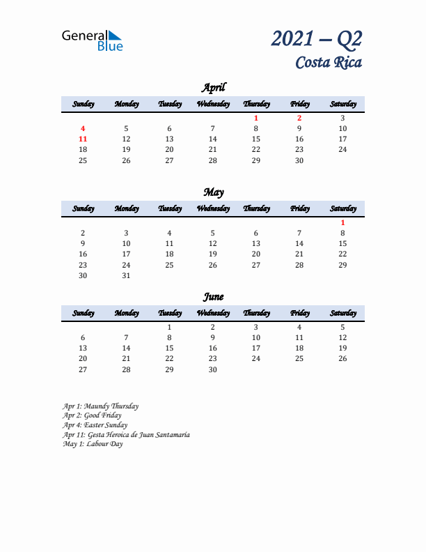 April, May, and June Calendar for Costa Rica with Sunday Start