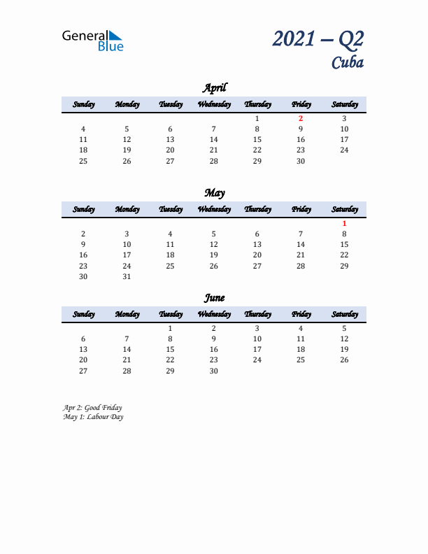 April, May, and June Calendar for Cuba with Sunday Start