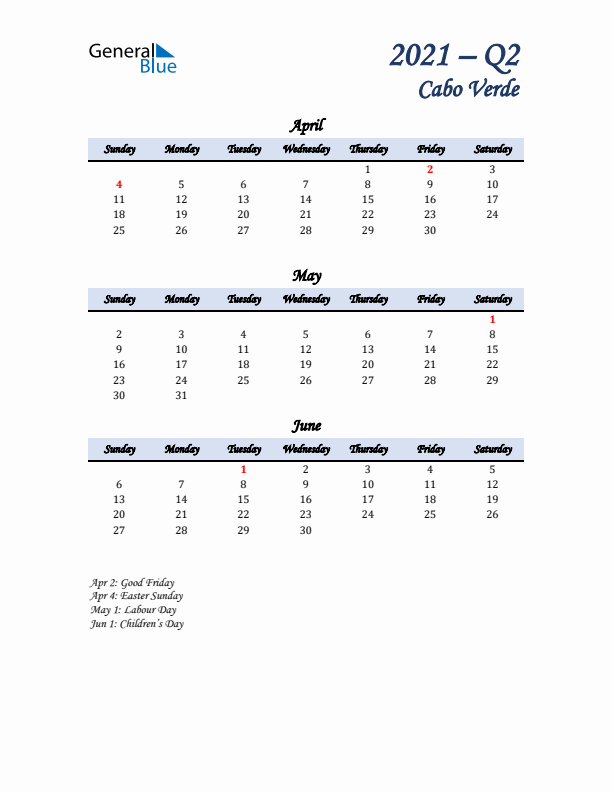 April, May, and June Calendar for Cabo Verde with Sunday Start