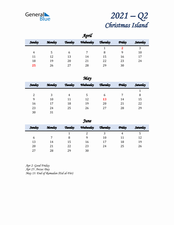 April, May, and June Calendar for Christmas Island with Sunday Start