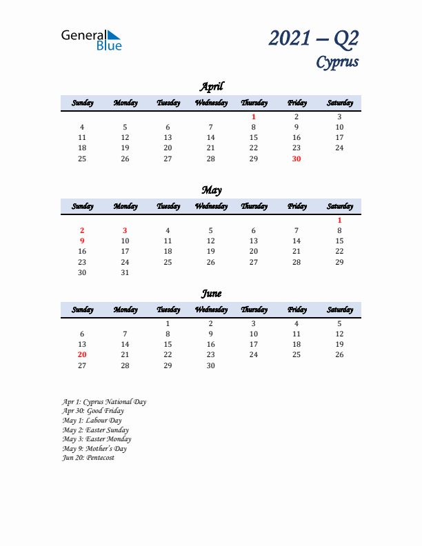 April, May, and June Calendar for Cyprus with Sunday Start