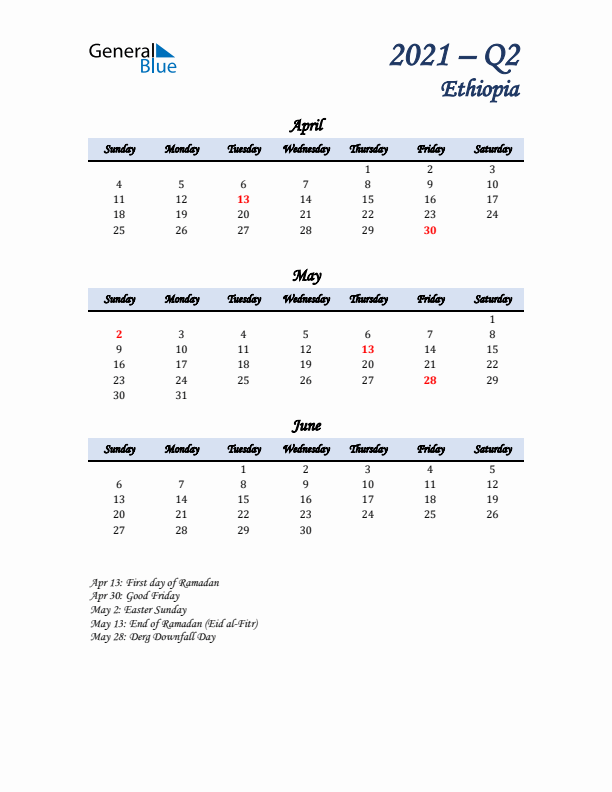 April, May, and June Calendar for Ethiopia with Sunday Start