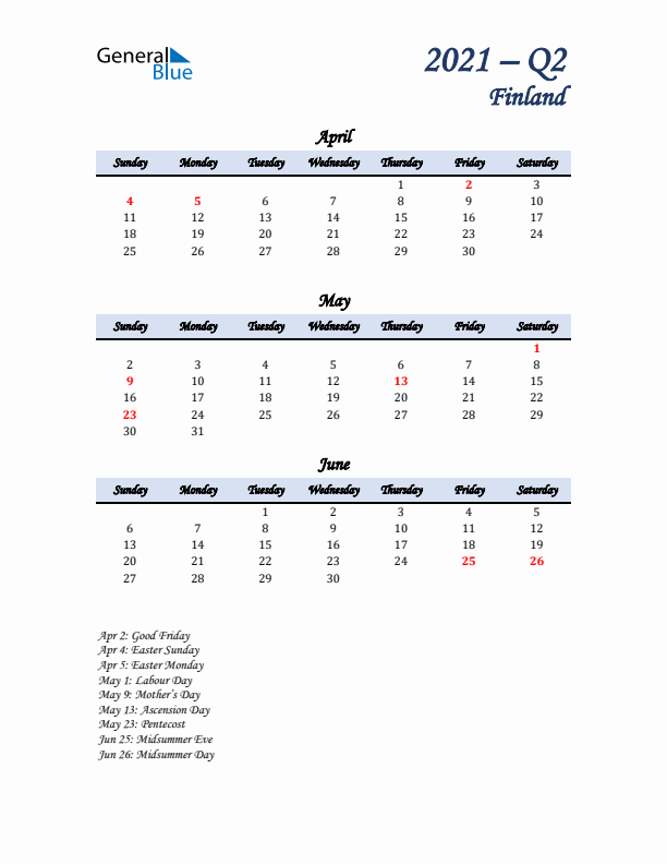 April, May, and June Calendar for Finland with Sunday Start