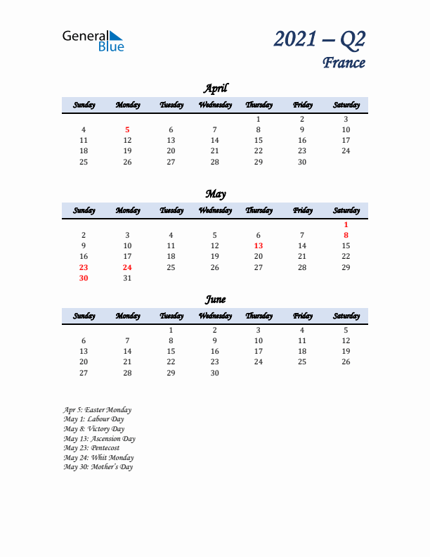 April, May, and June Calendar for France with Sunday Start