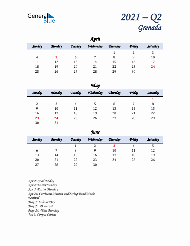 April, May, and June Calendar for Grenada with Sunday Start