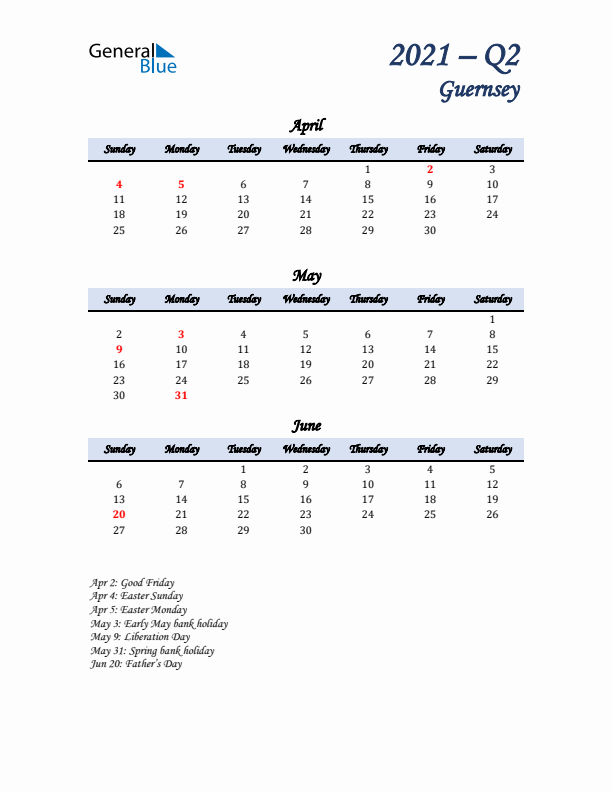 April, May, and June Calendar for Guernsey with Sunday Start