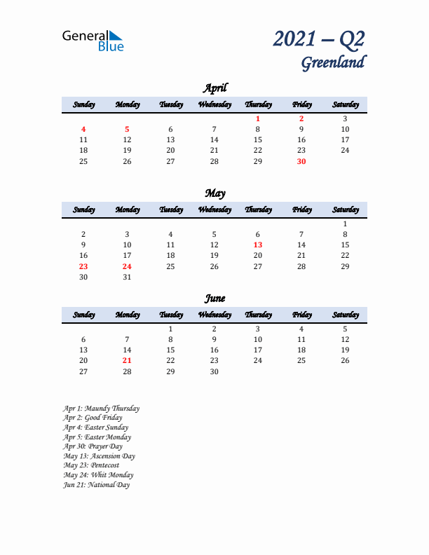 April, May, and June Calendar for Greenland with Sunday Start