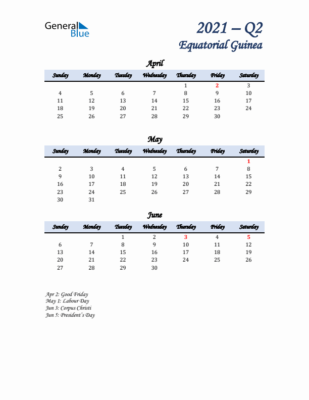 April, May, and June Calendar for Equatorial Guinea with Sunday Start