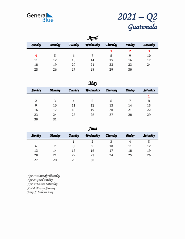 April, May, and June Calendar for Guatemala with Sunday Start