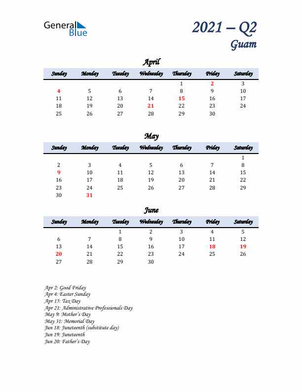 April, May, and June Calendar for Guam with Sunday Start