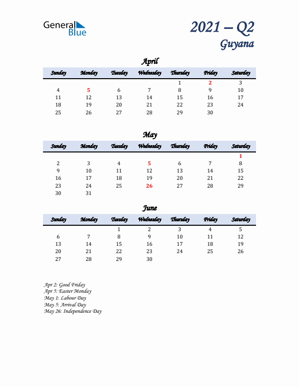 April, May, and June Calendar for Guyana with Sunday Start