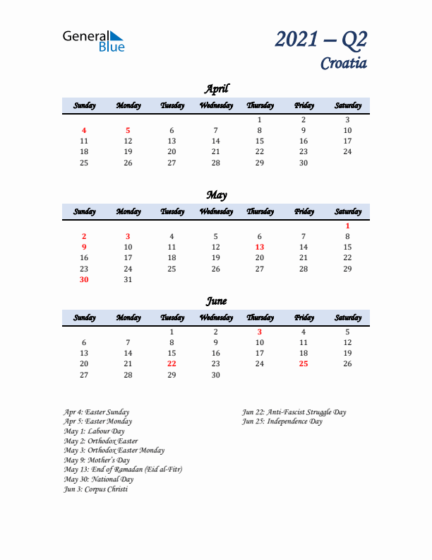 April, May, and June Calendar for Croatia with Sunday Start