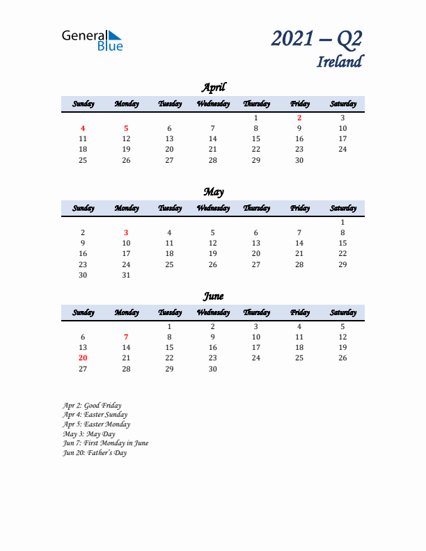 April, May, and June Calendar for Ireland with Sunday Start