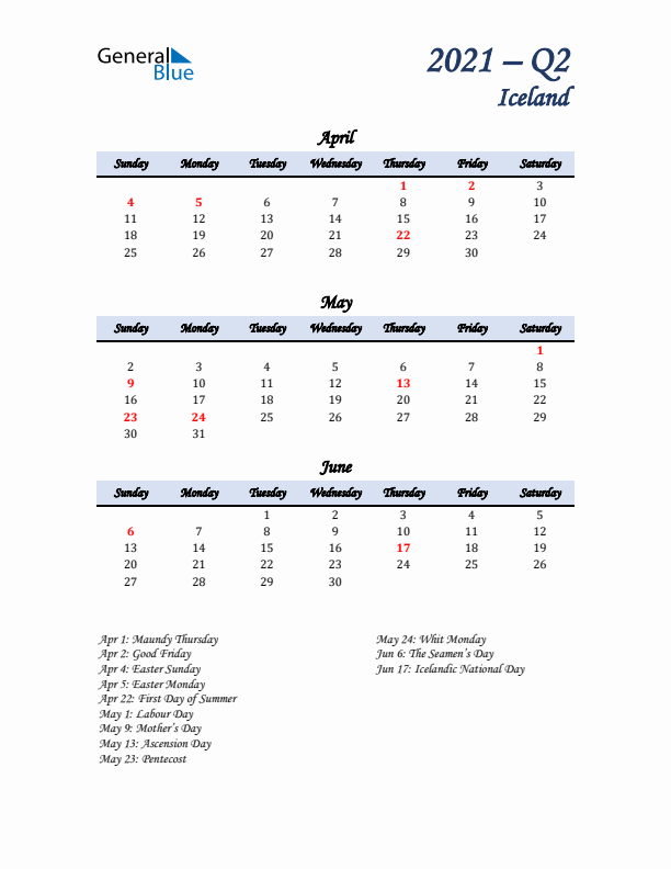 April, May, and June Calendar for Iceland with Sunday Start