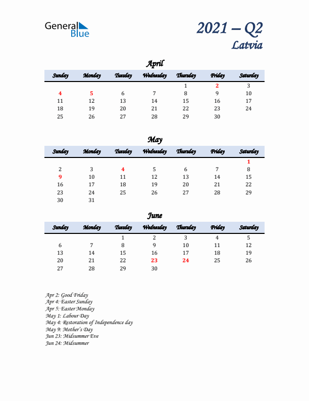 April, May, and June Calendar for Latvia with Sunday Start