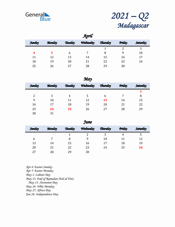 April, May, and June Calendar for Madagascar with Sunday Start