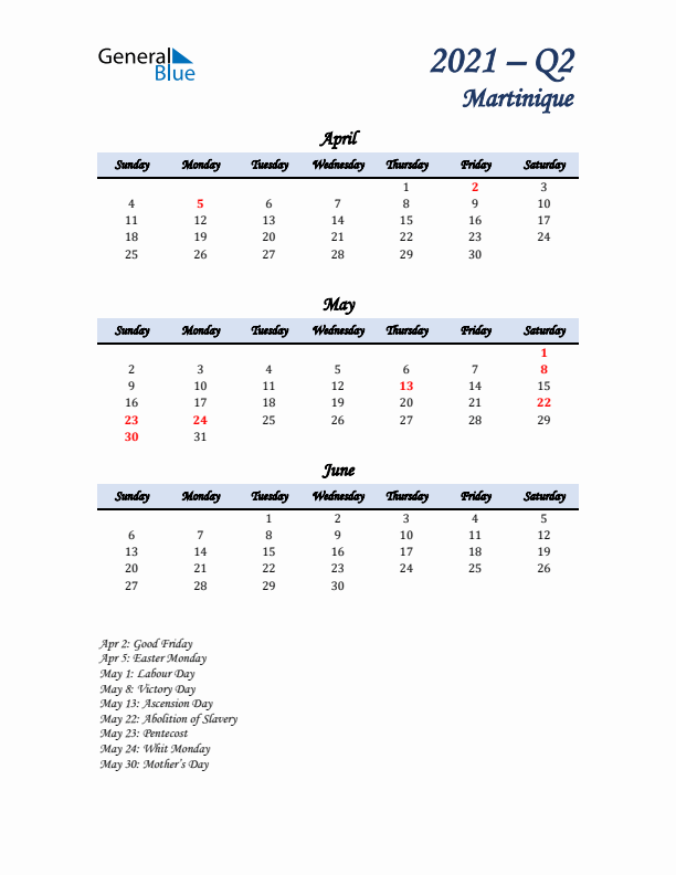 April, May, and June Calendar for Martinique with Sunday Start