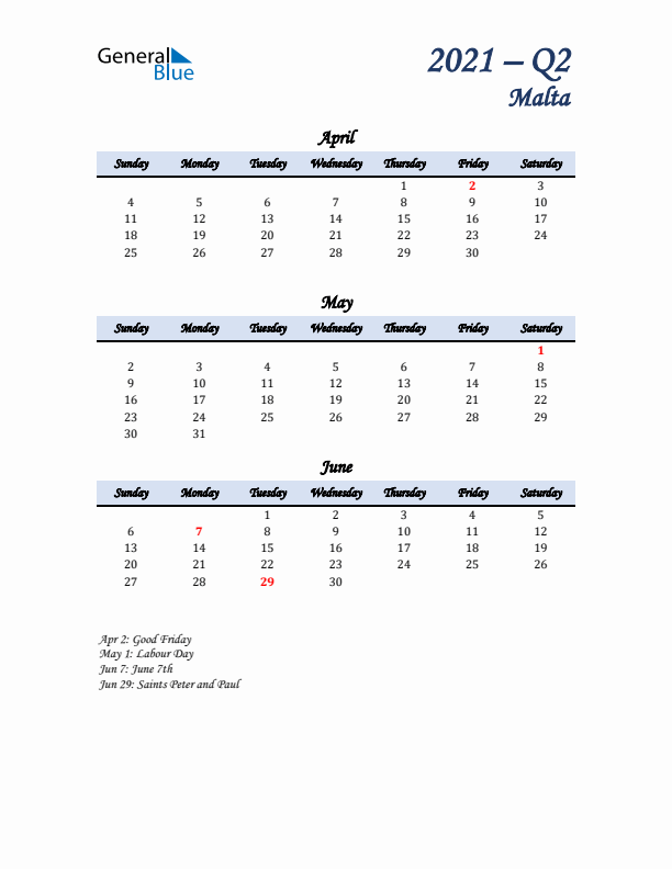 April, May, and June Calendar for Malta with Sunday Start