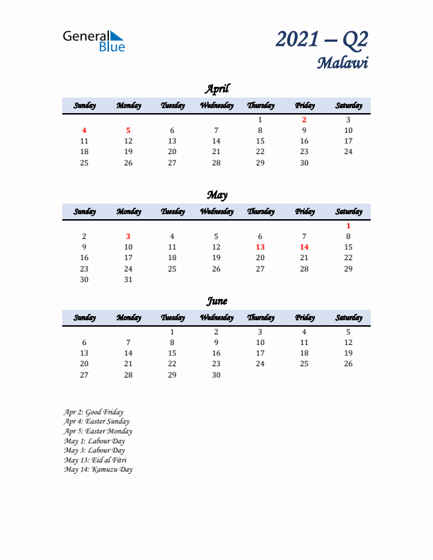 April, May, and June Calendar for Malawi with Sunday Start