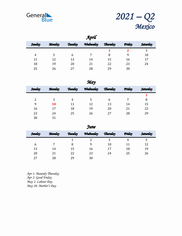 April, May, and June Calendar for Mexico with Sunday Start