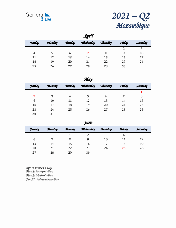 April, May, and June Calendar for Mozambique with Sunday Start