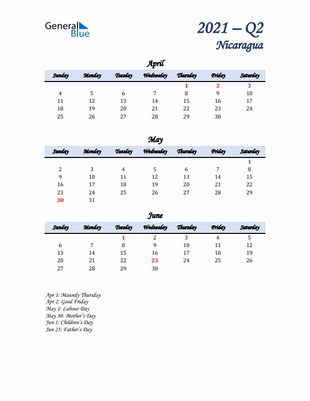 April, May, and June Calendar for Nicaragua with Sunday Start