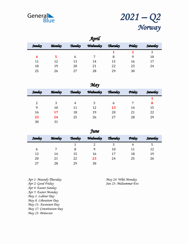 April, May, and June Calendar for Norway with Sunday Start