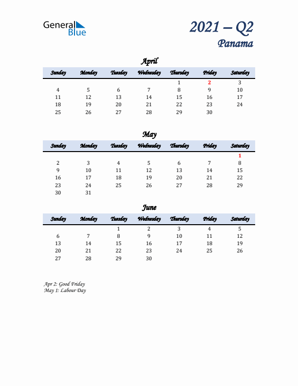 April, May, and June Calendar for Panama with Sunday Start