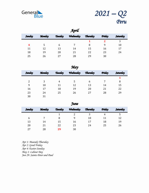 April, May, and June Calendar for Peru with Sunday Start