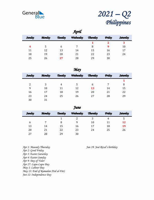 April, May, and June Calendar for Philippines with Sunday Start