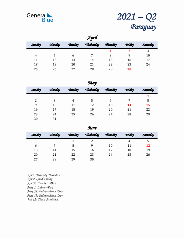 April, May, and June Calendar for Paraguay with Sunday Start