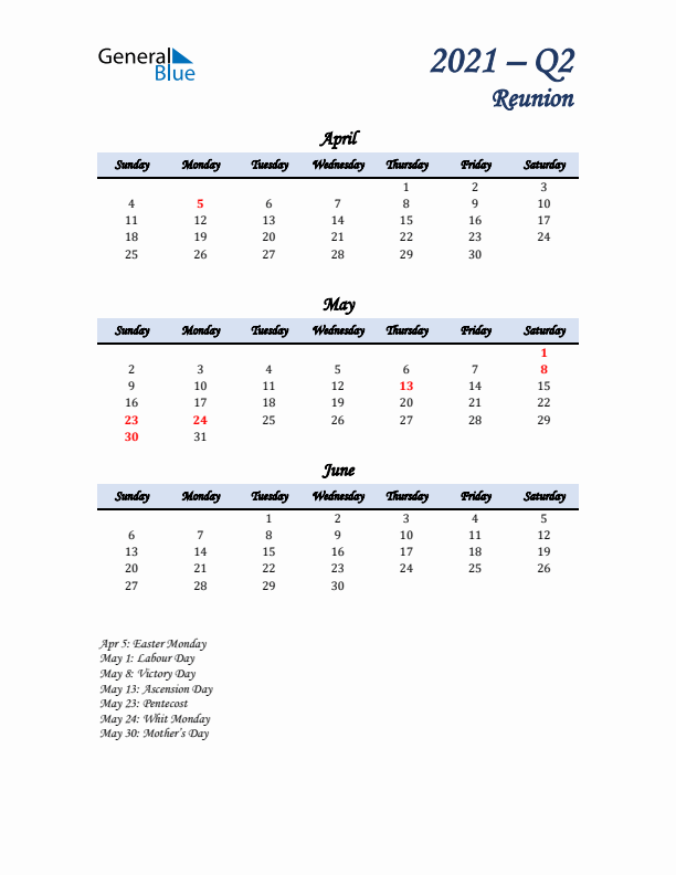 April, May, and June Calendar for Reunion with Sunday Start