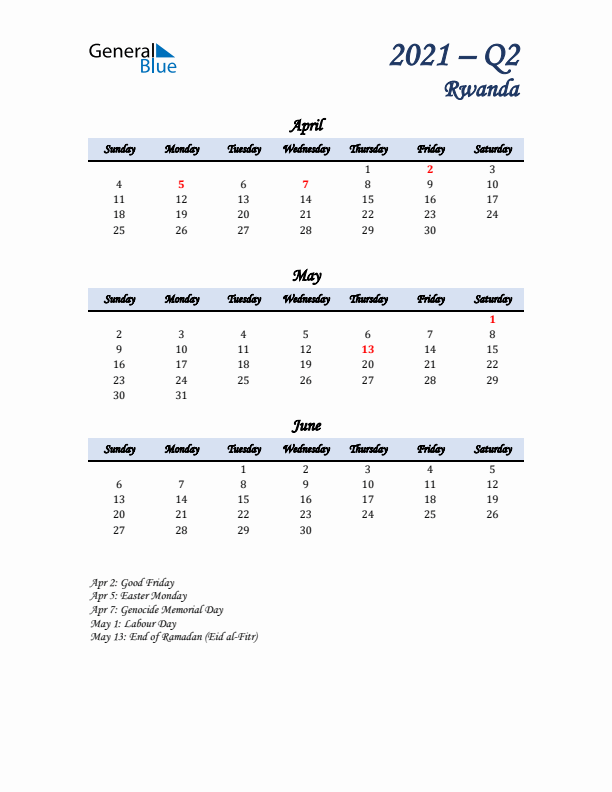 April, May, and June Calendar for Rwanda with Sunday Start