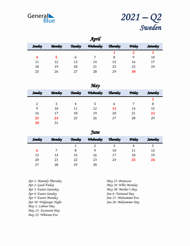 April, May, and June Calendar for Sweden with Sunday Start