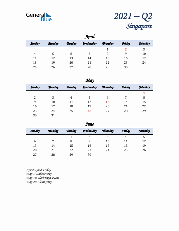 April, May, and June Calendar for Singapore with Sunday Start