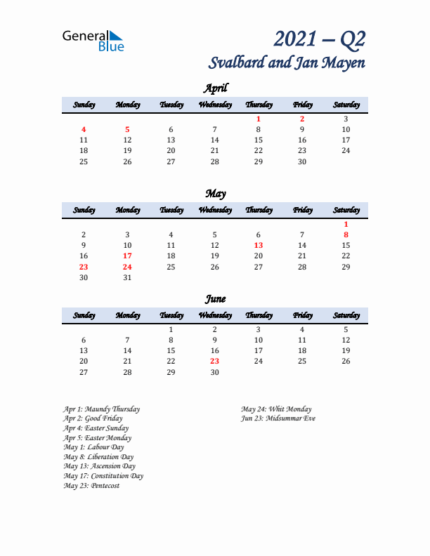 April, May, and June Calendar for Svalbard and Jan Mayen with Sunday Start