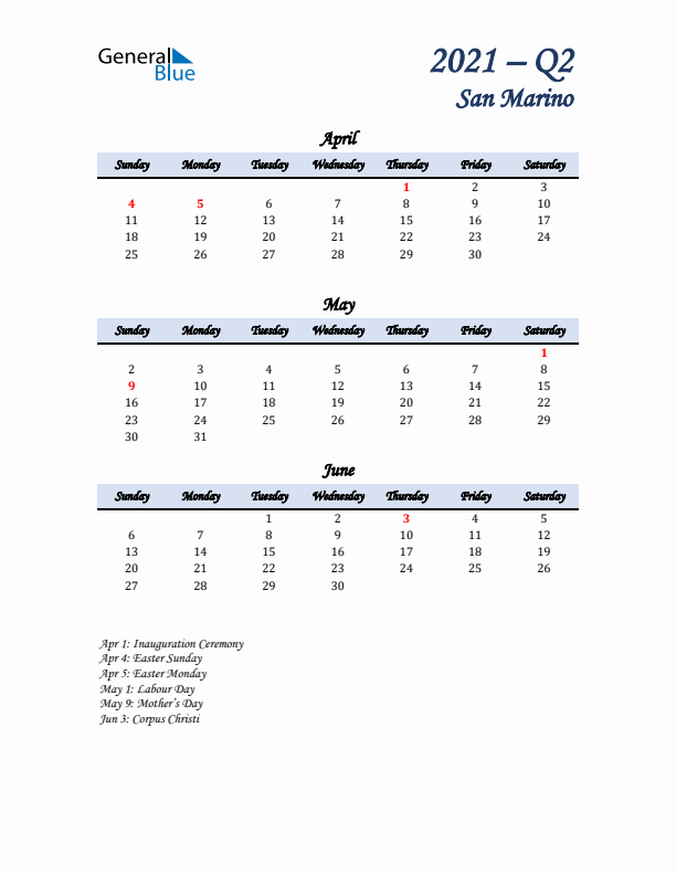 April, May, and June Calendar for San Marino with Sunday Start