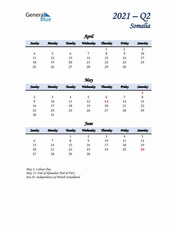 April, May, and June Calendar for Somalia with Sunday Start