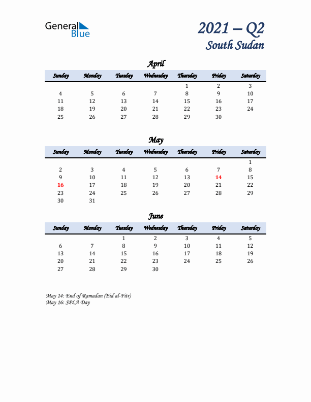 April, May, and June Calendar for South Sudan with Sunday Start