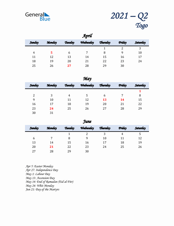 April, May, and June Calendar for Togo with Sunday Start