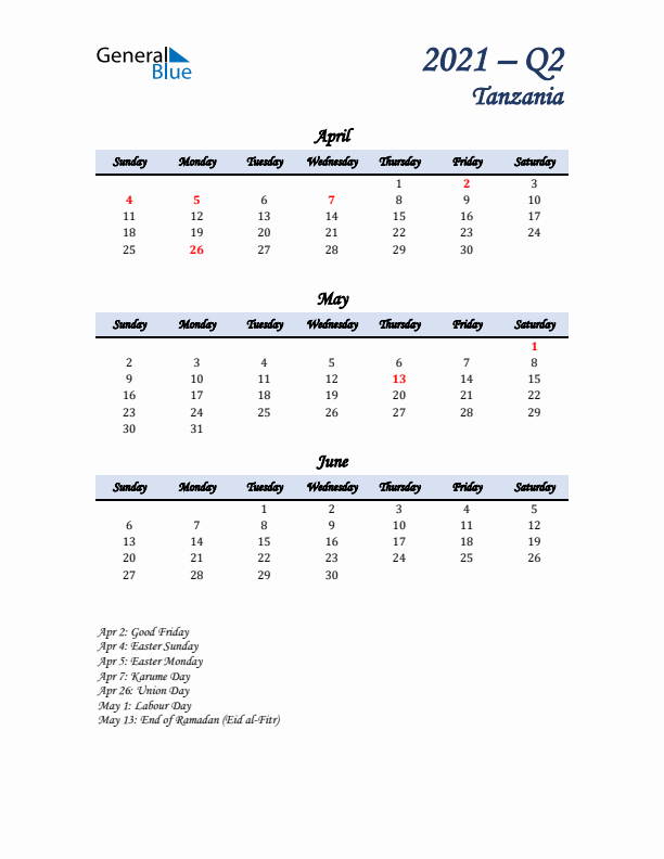 April, May, and June Calendar for Tanzania with Sunday Start