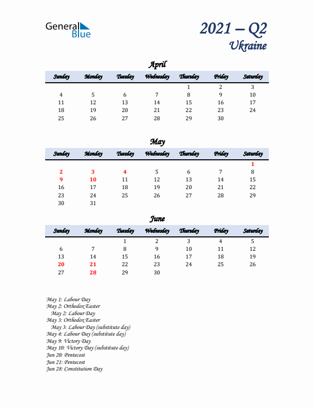 April, May, and June Calendar for Ukraine with Sunday Start